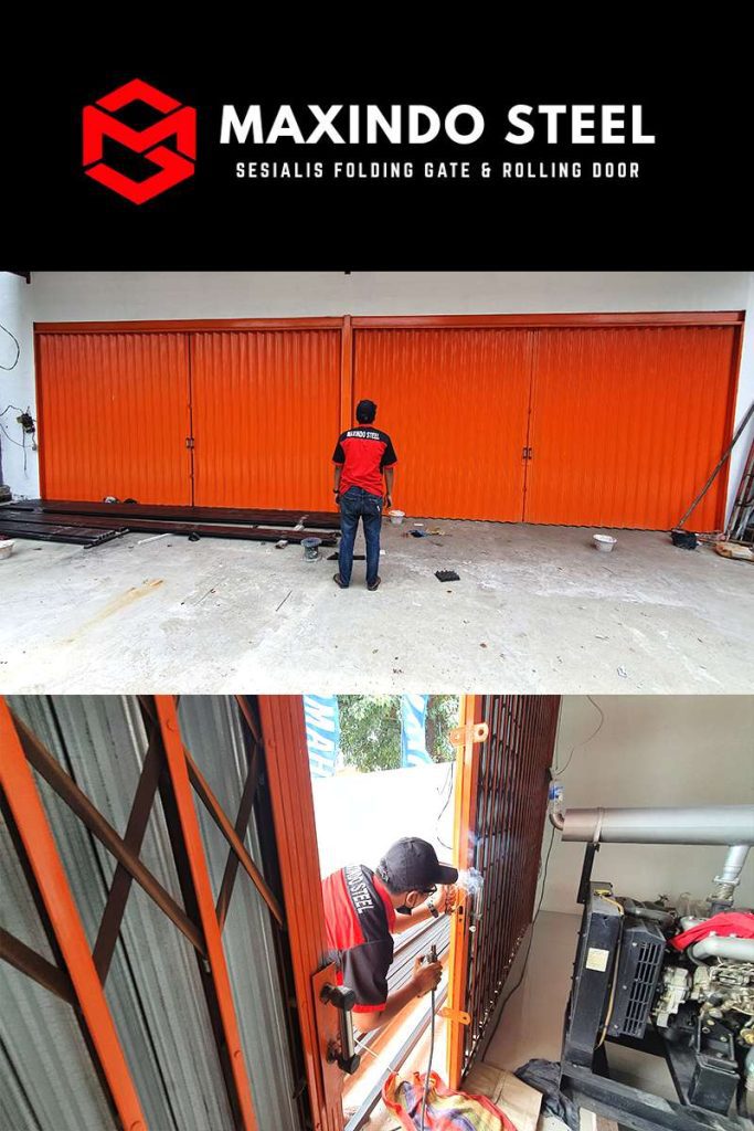 Pemasangan folding gate galvalum warna orange slat 05 mm rangka super untuk bengkel motor di Balaraja Tangerang oleh Maxindo Steel – jasa pasang folding gate Tangerang cepat, rapi, dan bergaransi.
