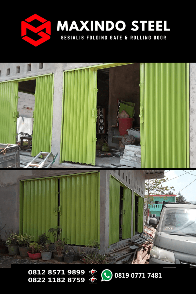 Pemasangan folding gate hijau terang galvalum di Cempaka Putih oleh Maxindo Steel