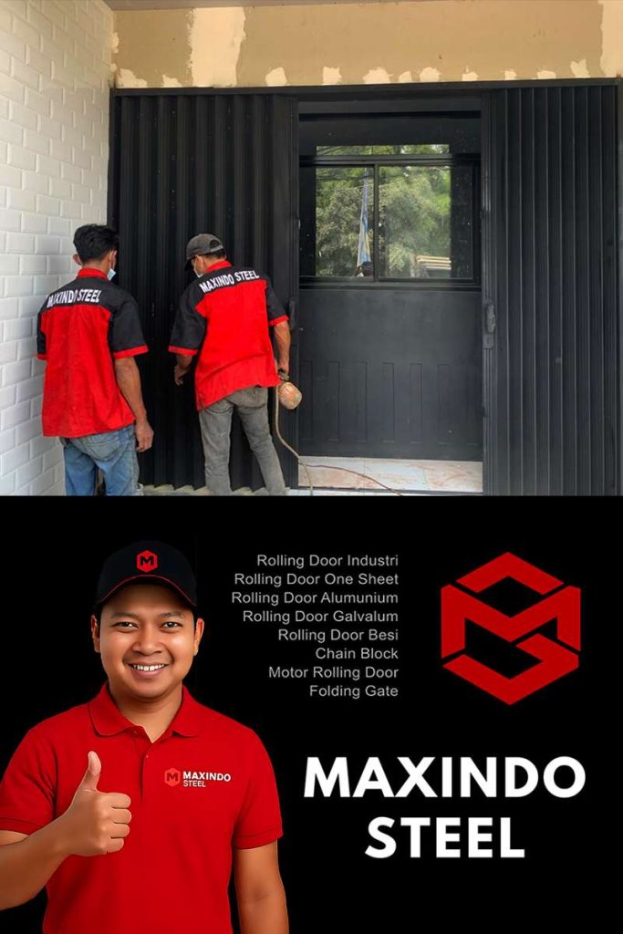 Pemasangan folding gate galvalum hitam rangka super oleh Maxindo Steel di Cimone Tangerang untuk outlet minuman – jasa pasang folding gate Tangerang cepat dan bergaransi