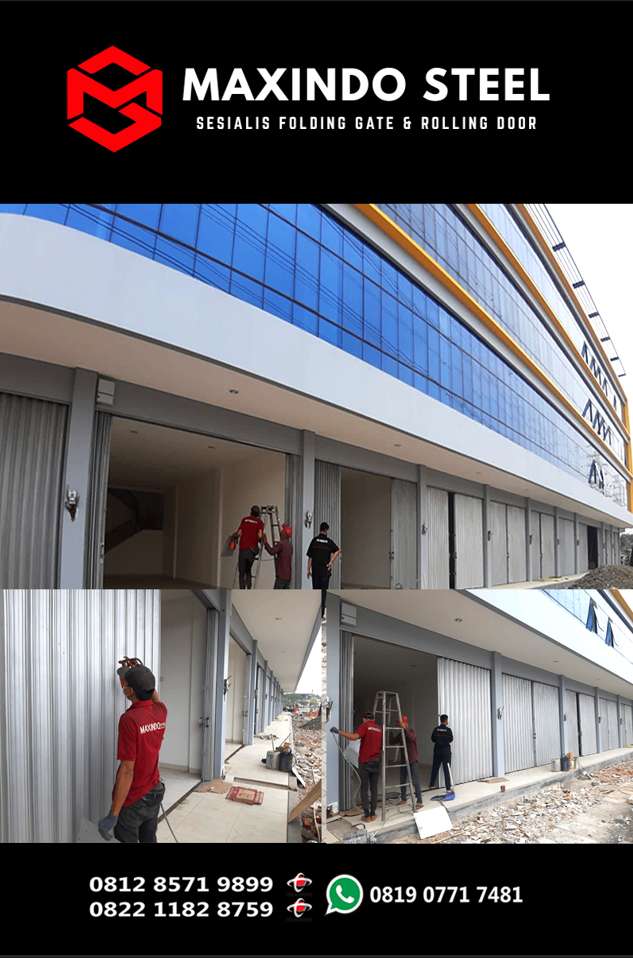 Folding Gate Jakarta Timur Berkualitas – Kuat, Rapi, & Bergaransi Pemasangan folding gate galvalum Maxindo Steel di pertokoan Kramat Jati Jakarta Timur