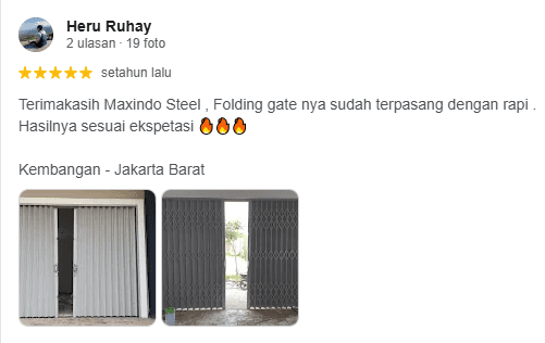 Testimoni Heru R pemasangan folding gate Bogor Maxindo Steel rapi dan sesuai ekspektasi