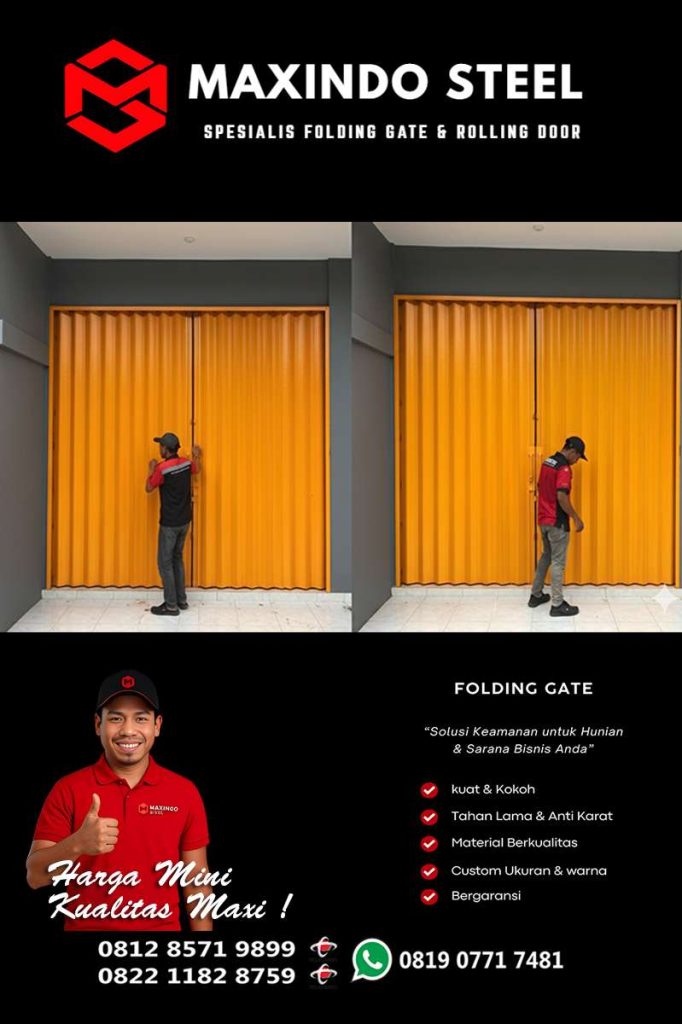 Folding Gate Cipinang Melayu warna kuning dipasang pada ruko di Makasar Jakarta Timur