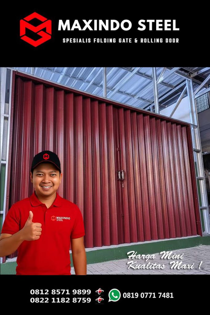 Folding Gate Kramat Jati warna merah maroon – pemasangan Maxindo Steel