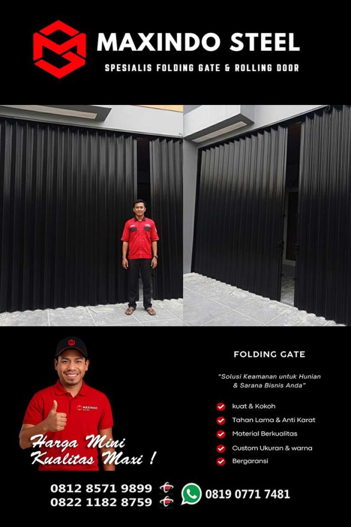 Folding Gate Makasar warna hitam dipasang pada hunian modern dengan rangka super